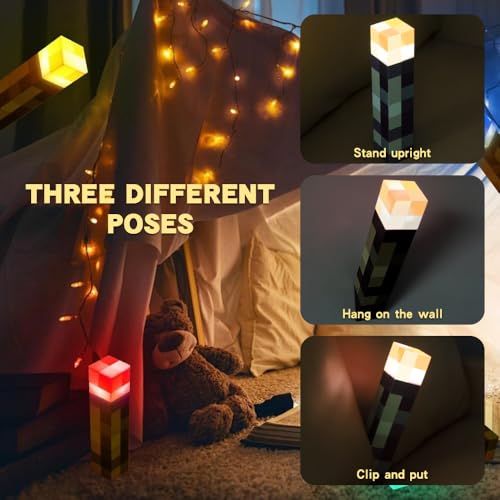 SKIKHN Wall Fackel Nachtlicht, 4 Farbe Craft Fackel Lampe, 28cm LED Mcers Nachtlicht, USB Wiederaufladbar & Ton und Licht Flamme Nachahmen, 3D Nachttischlampe Kinder für Cosplay Spielzeug Geschenke