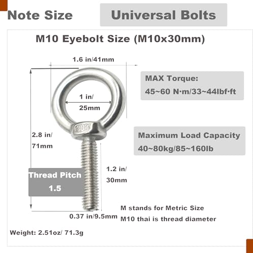 Image of Stainless M10 Eyebolt 1.2 inch(30mm) Short Bolt Eye Threaded Ring Lifting Shoulder Screw Hook with Nut Washer Locking as Anchor Point for Hanging,6 PCS