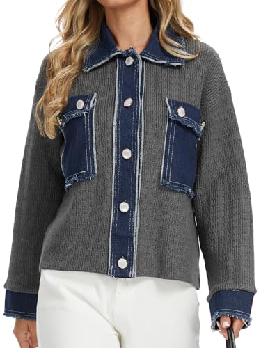 KEOMUD Women's Fall Button Down Knit Cardigan Sweater Casual Cropped Shacket Jacket with Denim Lapel Pockets Cuff2