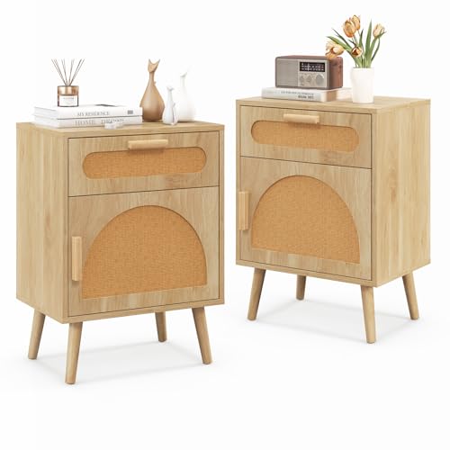 COSTWAY Rattan Bedside Table, Boho Wooden Nightstand Sofa Side Table with Storage Drawer and Door, Solid Wood Legs Bedside Cabinet Accent End Table for Living Room Bedroom, 45x30x61cm, Natural (2)