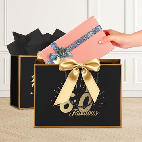 AOOSU Geschenktüte Geburtstag, Papier Geschenktüten mit Schleife + 1 Grußkarten + 3 Seidenpapier, Schwarz Geschenktaschen mit Henkel, Frauen Männer Birthday Gift Bag, Geschenkverpackung für Geschenk