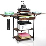 TC-HOMENY Movable 3 Tier Heat Press Table, Foldable Heat Transfer Machine Stand with Vinyl Roll Holder, Heat Press Table Cart Stand with Charging Station for DIY Sublimation Transfer Machine (Brown)