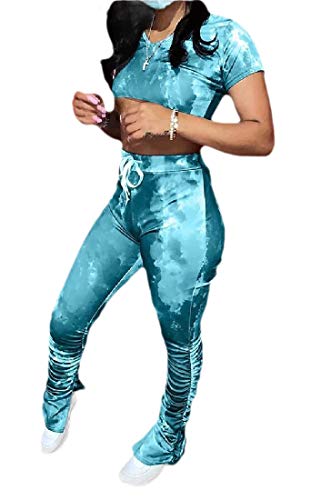 Women's Tie Dye Print Crop Top Shirt Ruched Skinny Pant Active 2 Piece Outfits Tracksuit Set Light Blue S