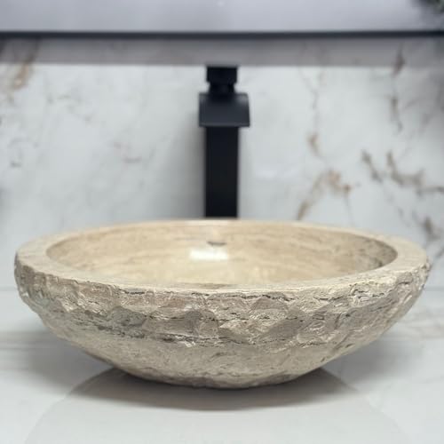 Shades of Nature Round Bowl Travertine Vessel Sink, Natural Stone Wash Basin, Hand-Carved Bathroom...