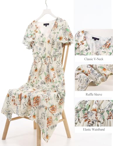 Image of Bridesmay Women's Summer Floral Midi Dress V Neck Short Sleeve A-Line Casual Beach Vacation Dresses Flowy