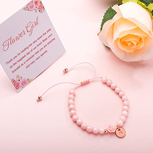 Image of Flower Girl Gift Initial Bracelet for Teen Girl with Flower Pink Beaded Bracelet with Initial Rose Bridesmaid Gift Jewelry Teen Girl Trendy Stuff
