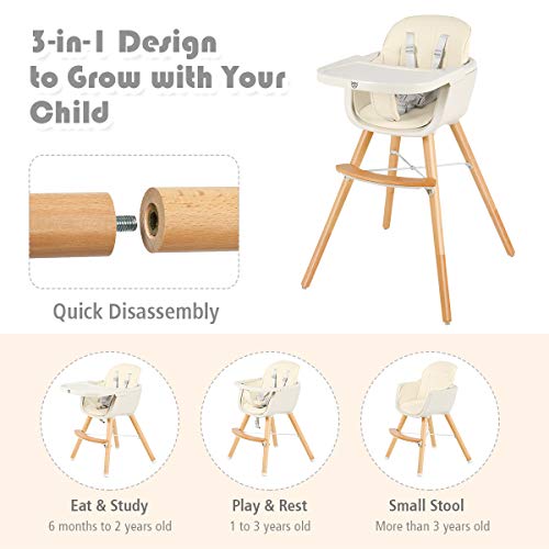 Baby Joy Convertible Baby High Chair, 3 In 1 Wooden Highchair/Booster/Chair With Removable Tray, Adjustable Legs, 5-Point Harness, Pu Cushion And Footrest For Baby, Infants, Toddlers (Beige) #TOP2