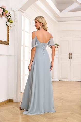 Image of Off The Shoulder Chiffon Bridesmaid Dresses with Slit 2025 Long Pleated Formal Evening Gown Lilac US8 HGR93