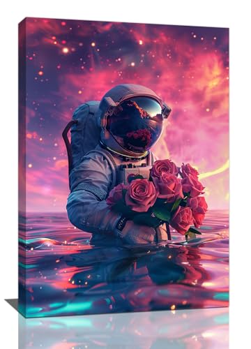 Quorin Astronaut Wall Art Romantic Spaceman Rose Pictures Space Wall Decor Canvas Print Painting Artwork for Bathroom Living Room Bedroom 16"x24"