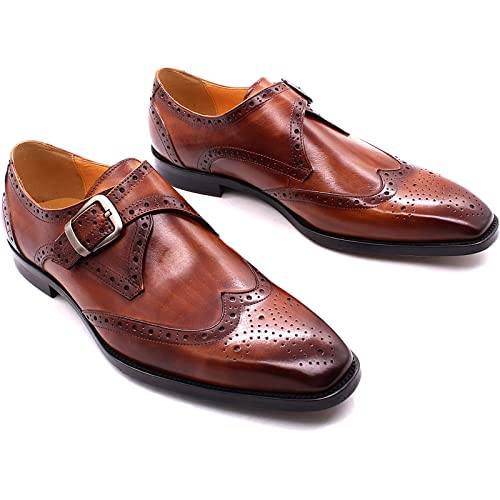 Men Formal Dress Double Monk Shoes Smart Office Monk Strap Shoes Leather Buckle Derbys Wingtip Brogues,Brown-47