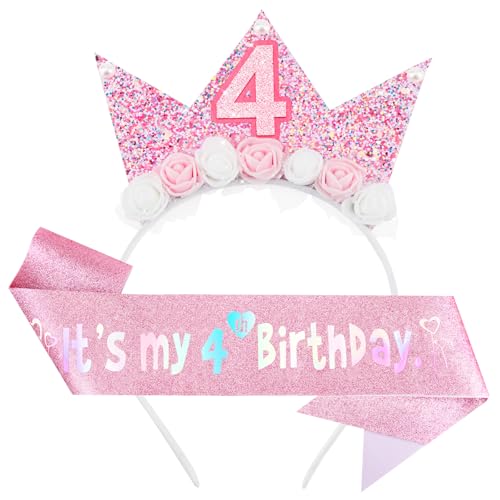 DRESHOW Fita de aniversário coroa de aniversário para meninas com flores rosa coroa de aniversário rosa e faixa de purpurina, 1 conjunto: Rosa 97-04, Tamanho único