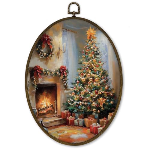 cvjutf Vintage Christmas Fireplace Tree Wall Art Decor Framed, Antique Winter Indoor Christmas Scene Oval Wall Decor Decorations, Rustic Xmas Canvas Prints Art for Home Living Room Bedroom, 8.7x11.3 In