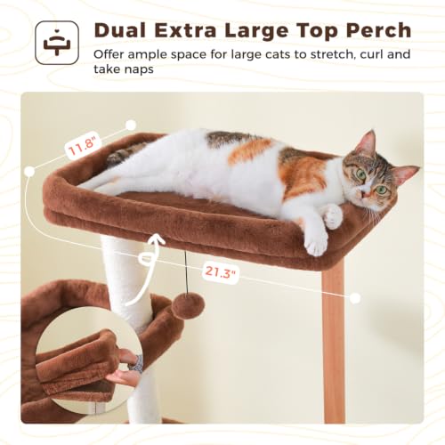 Image of 73 inch Tall Cat Tree for Large Cats, Wooden Cat Tower with Solid Posts | Wooden Cat Tree Tower with Fully Sisal Covered Scratching Posts, Cat Furniture with Spacious Perch and Cozy Condo, Brown