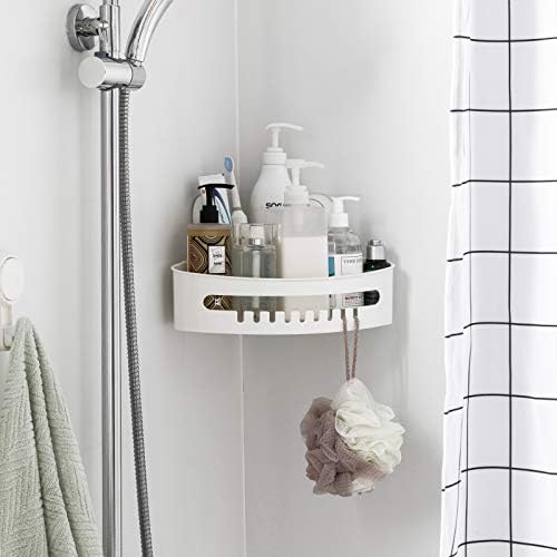 LEVERLOC Corner Shower Caddy Suction Cup Shower Shelf NO Drilling Shower Corner Basket Suction Heavy Duty Max Hold 10KG for Bathroom & Kitchen Corner Shower Rack- White in Plastic