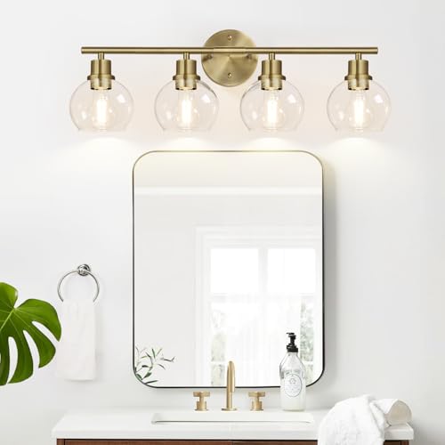 Image of Indoi 4-Light Bathroom Light Fixtures, Brushed Brass Bathroom Lights Over Mirror with Clear Glass Globe Shade, Vanity Lights for Bathroom Kitchen Living Room Hallway Cabinet Bedroom Porch