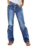 Flamingals Straight Leg Boyfriend Jeans for Women Trendy Mid Rise Wash Stretchy Casual Baggy Jeans Mid Blue M