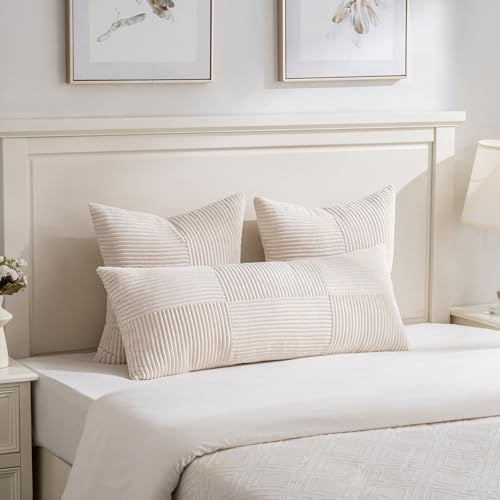 Image of Fancy Homi Set of 2 Cream Boho Long Lumbar Body Decorative Throw Pillow Cover 14x36 Inch for Bed Couch Bedroom Bench, Soft Patchwork Corduroy Textured Pillow Case, Rustic Farmhouse Room Decor