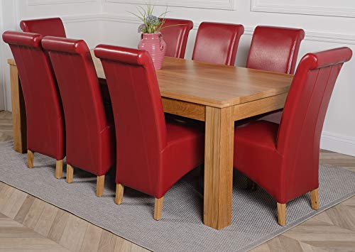 Image of Oak Furniture King Solid Oak Dining Table & Chairs Set 8 Seater Dining Set – Dakota 222 x 102 cm Table & Montana Upholstered Burgundy Leather Chairs, Wooden Kitchen Furniture, Natural Finish