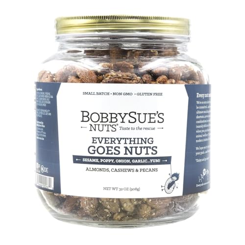 BobbySue's Nuts Everything Goes Nuts Gourmet Snack, All-Natural, Gluten Free, Low Sugar, and High Protein Nut Mix of Almonds, Cashews, Pecans, 32 Oz, 1 Jar