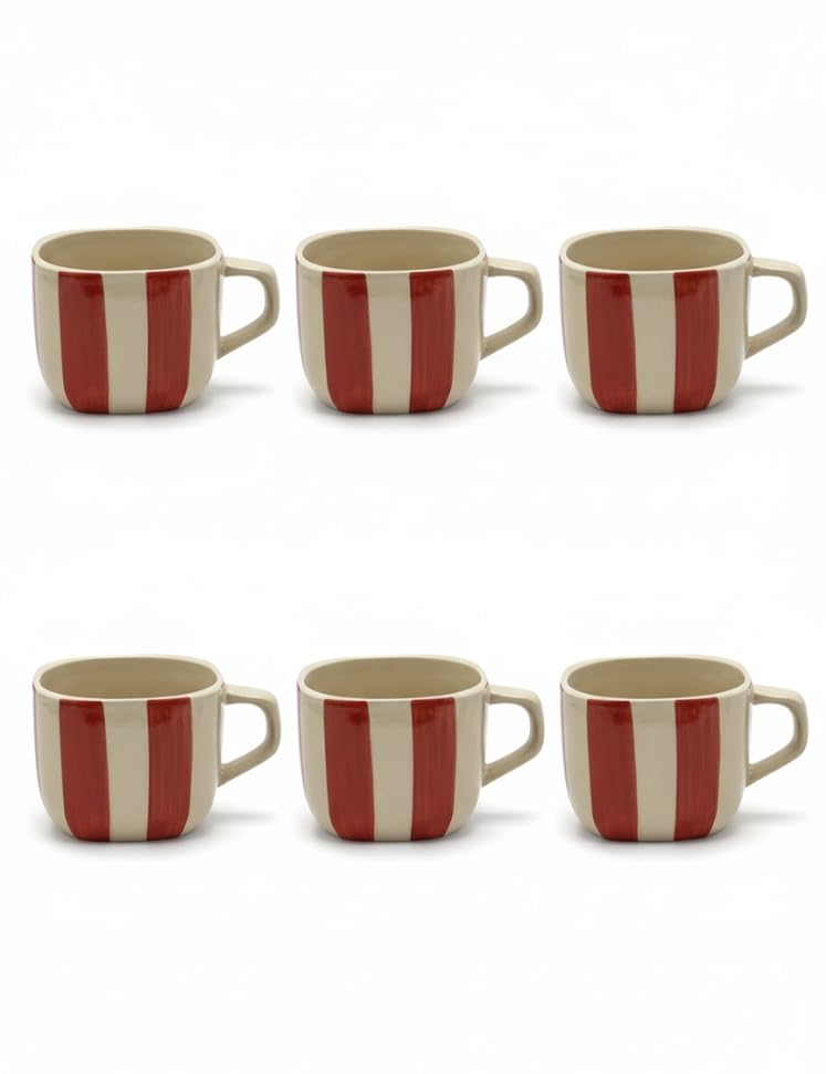 Image of DATA Ceramic Zen Stripes Hand Painted Coffee Mugs in Red Lines, Set of 6, 199 Ml