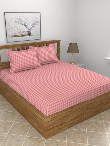 SJH DECOR 210 TC Premium Glace Cotton Comfort Checked Design Bedsheet with Pillow Cover – Ultra Soft Cotton King Bed Sheet for Daily Comfort - Pink Check 72x78x10 Inche
