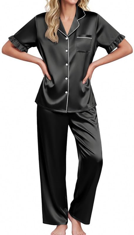 Ekouaer Silky Satin Pajamas for Women Set 2 Piece Short Sleeve Button Up Pjs