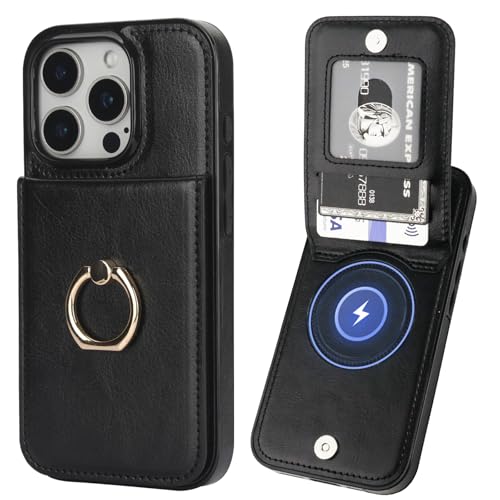 KIHUWEY for iPhone 16 Pro Case Wallet Compatible with MagSafe Wireless Charging, Credit Card Holder, 360° Rotation Ring PU Leather Magnetic Clasp Kickstand Heavy Duty Cover for 6.3 Inch (Black)