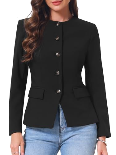 Blazer sans col pour femme veste de travail ajustée à boutons chic