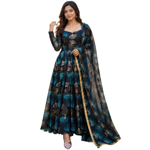 Image of Anveri Women's Floral Printed Anarkali Gown with Dupatta | Ethnic Long Dress for Women | Designer Festive Maxi Kurta Set