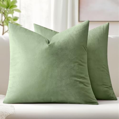 Image of MIULEE Velvet Throw Pillow Covers 20x20 Inch, Pack of 2 - Sage Green, Soft Solid Decorative Pillow Covers Square Cushion Cases Farmhouse Modern Home Decor for Spring Couch Sofa Bedroom Living Room