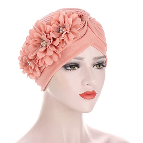 Women Turban Cap Flower Wrap Head Cover Pleated Beanie Sleep Hat Stretchy Headwrap Chemo Hat Hair Loss Cap Bandana Headwear for Ladies Pink