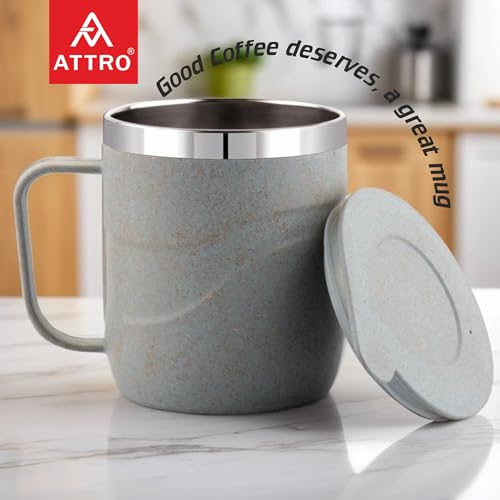 Image of ATTRO Brew Mug - Stainless Steel Inner with eco Friendly Outer Body Durable & Stylish, Microwave Safe Coffee /Tea Mug with Handle & Lid, Ideal for Home, Office, Travel & Gifting - 300ml - Pastel Grey