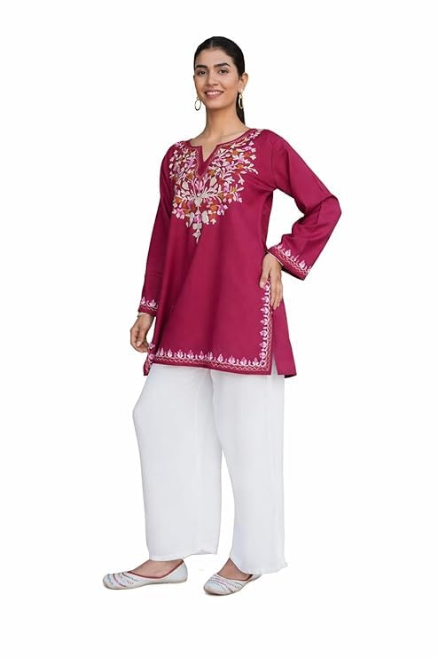 Image of Women's Magenta Embroidered Kurti with Floral Yoke Design