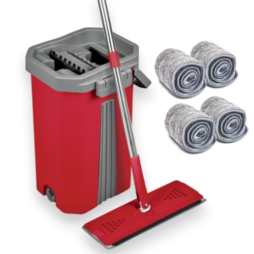 Balai Serpillière Mop Compact Malin – Kit Complet de Nettoyage avec Seau 2 Compartiments Nettoyer / Essorer – Manche 141 cm, Lingettes et Tête Plate et...