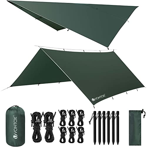 V VONTOX Tarp 3x4M Wasserdicht, Camping Zeltplane, Anti-UV Schnee Regen Sonnen Schutz, mit 15 Öse+6 Aluminiumstifte+8 Nylonseile, Ultraleicht Tragbare, für Hängematte, Outdoor Aktivitäten（Dunkelgrün）