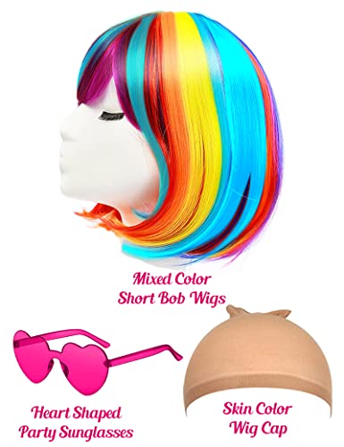 Image of LIULIUBTY Short Bob Hair Wigs Straight with Flat Bangs Synthetic Colorful Cosplay Daily Party Neon Wig for Women + Free Wig Cap 12 inch Natural As Real (Mixed color)
