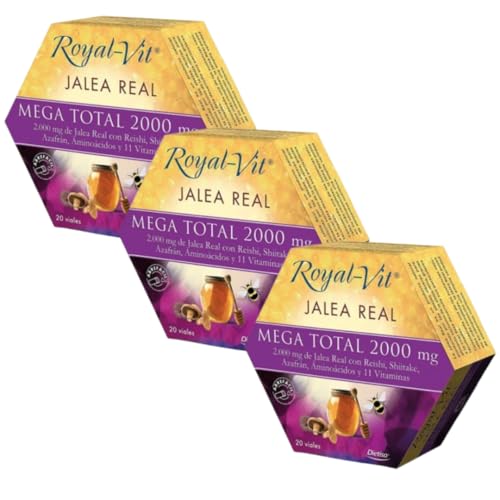 Royal-Vit Mega Total 2000mg - Pack Ahorro 3 x 20 Viales - 120 Días - Complemento Alimenticio con Reishi, Shiitake, Azafrán, Aminoácidos y Vitaminas - Ayuda a Reducir la Fatiga y el Cansancio