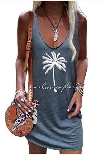 Image of Live Simple Coconut Tree Sleeveless Mini Dress Summer Beach Mini Dress Women's Summer Casual Sexy V Neck Mini Tank Dress