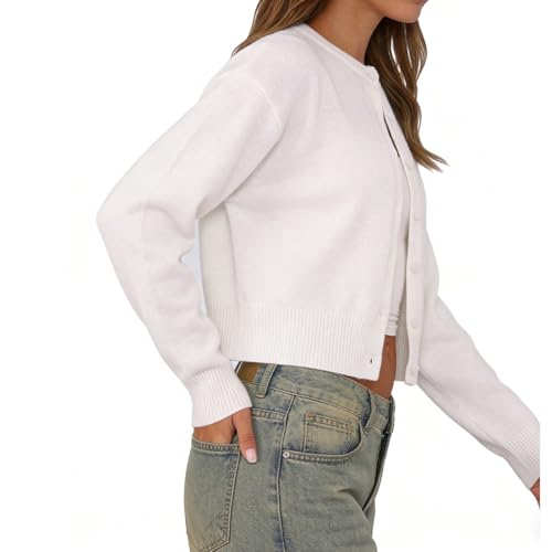 Image of Women Y2K Button Front Crop Sweater Cardigan Solid Color Crew Neck Long Sleeve Knit Fall Tops Streetwear