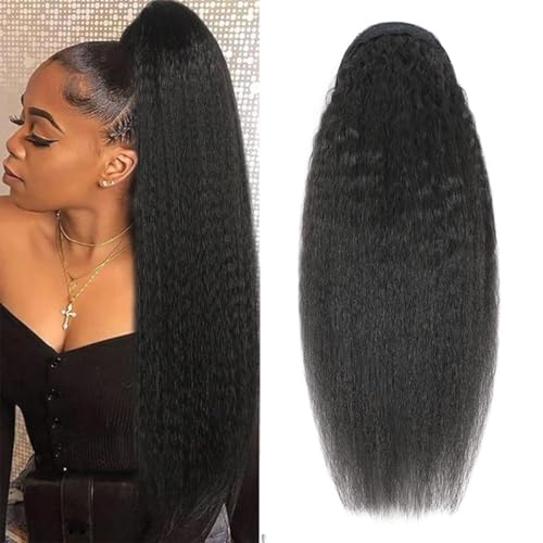 Kinky Straight Ponytail Extension Human Hair Drawstring Ponytail Extension Yaki Kinky Straight Magic Paste Ponytail Virgin Remy Human Hair Extension Natural Black Ponytail 120g 18 Inch