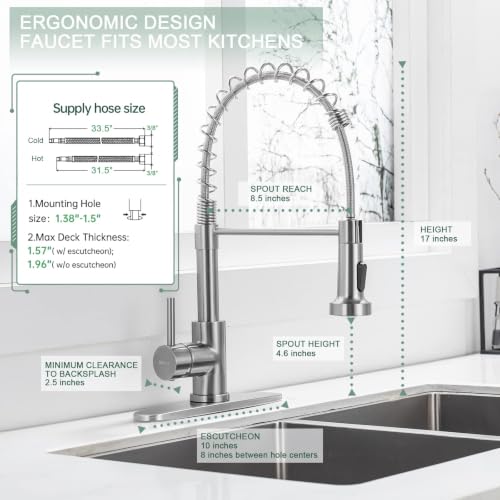 Image of WEWE Brushed Nickel Kitchen Faucet with Pull Down Sprayer, Single Handle Stainless Steel Sink Faucet with Deck Plate, 1 or 3 Hole Faucet for Kitchen, Laundry and RV