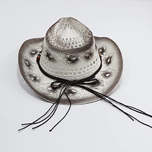 Jiaoji Men & Women's Woven Straw Cowboy Cowgirl Straw Hat Cowboy Hats For Women Cowboy Hat Shapeable Brim, Beach Cowgirl (White-Dimgray/Beads) #TOP2