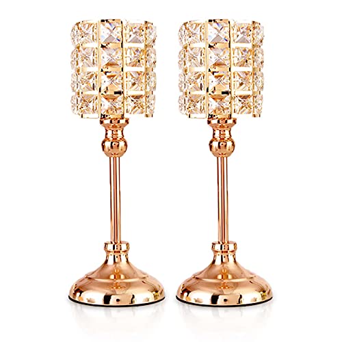 ENCOFT Gold Crystal Candlestick Holders 2 Pack 12in Height,Tea Light Candlestick Holder Decor for Dining Room,Bedroom,Livingroom,Wedding and Anniversary