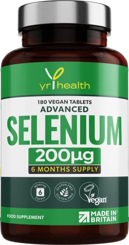 Selenium 200mcg Tablets - 180 Vegan Society Registered Pills, for Thyroid and Immune Health, Hair, Skin and Nails - 6 Month Supply Tablets Not Capsules - Made in The UK by YrHealth