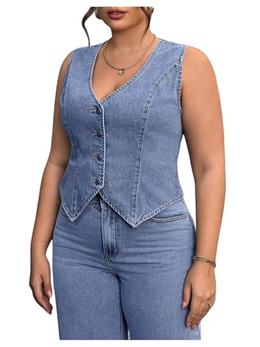 WDIRARA Women's Plus Size V Neck Vest Denim Jacket Button Down Sleeveless Jean Waistcoat