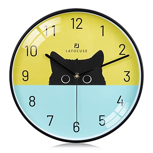 Lafocuse Silent Non Ticking Black Cat Wall Clock for Cat Lovers, Colorful Wall Clocks Battery Operated 12 Inch, Cute Cat Clock for Kids Bedrooms Living Room