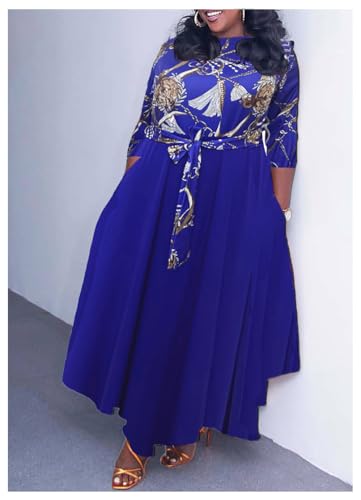 Image of Hostoyo Women Plus Size Formal A Line Maxi Dress Self Tie Waist with Pockets Elegant Round Neck Swing Long Dresses