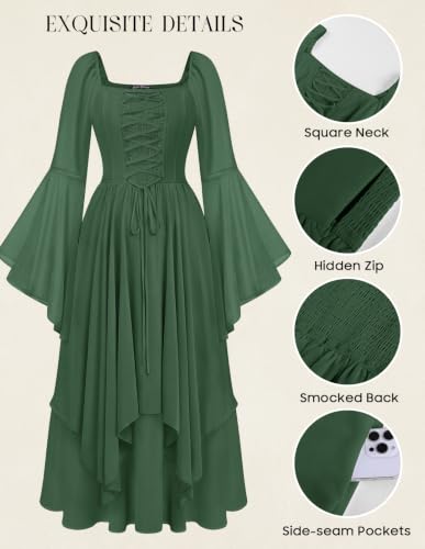 Scarlet Darkness Renaissance Costume Women Bell Sleeve Smocked Maxi Dress Eden Green XL — view 6