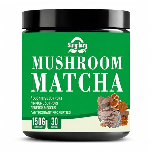 Suiyilary Mushroom Matcha, Ceremonial Matcha Tea Powder with 7 Superfood Mushrooms, Gluten Free, Taste Great Hot or Cold Matcha Latter - 150g 30 Serving