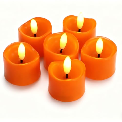 Image of CANDLE CHOICE Battery Operated Flameless Tea Lights Realistic Black Wick Bright Flickering LED Tealight Votive Candles Wedding Party Table Halloween Christmas Decorations Batteries Incl. 6 Pack Orange